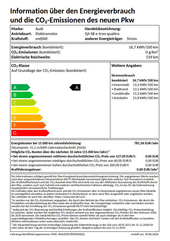 Q4 Sportback e-tron quattro 220 kW UPE 75935 Pano, Tech plus, Exterieur S line