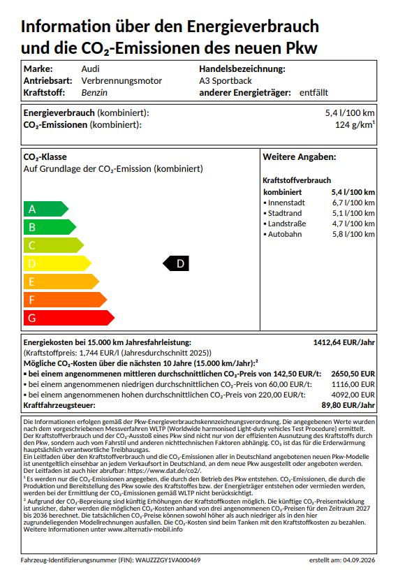 A3 Sportback advanced TFSI 110 kW S tronic UPE 48430 Tech plus, LED-Scheinwerfer, Businesspaket Plus
