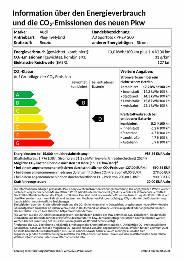 A3 Sportback S line TFSIe 200 kW Stronic UPE 56320 Businesspaket, Elek. Heckklappe, Elek. Sitze