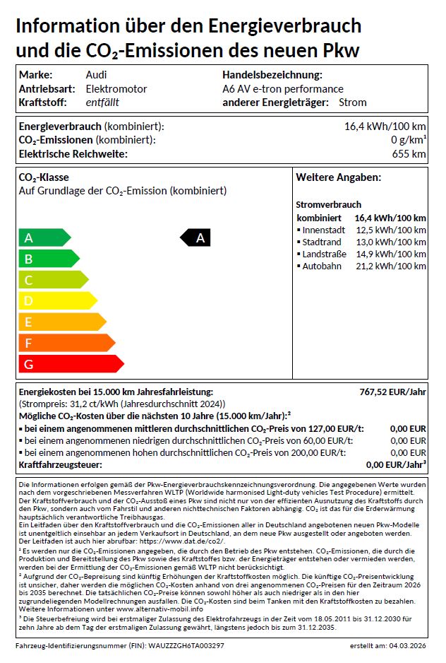 A6 Avant e-tron performance 270 kW UPE 87800 Tech plus, AHK, Exterieurpaket schwarz, Exterieur und Interieur S line