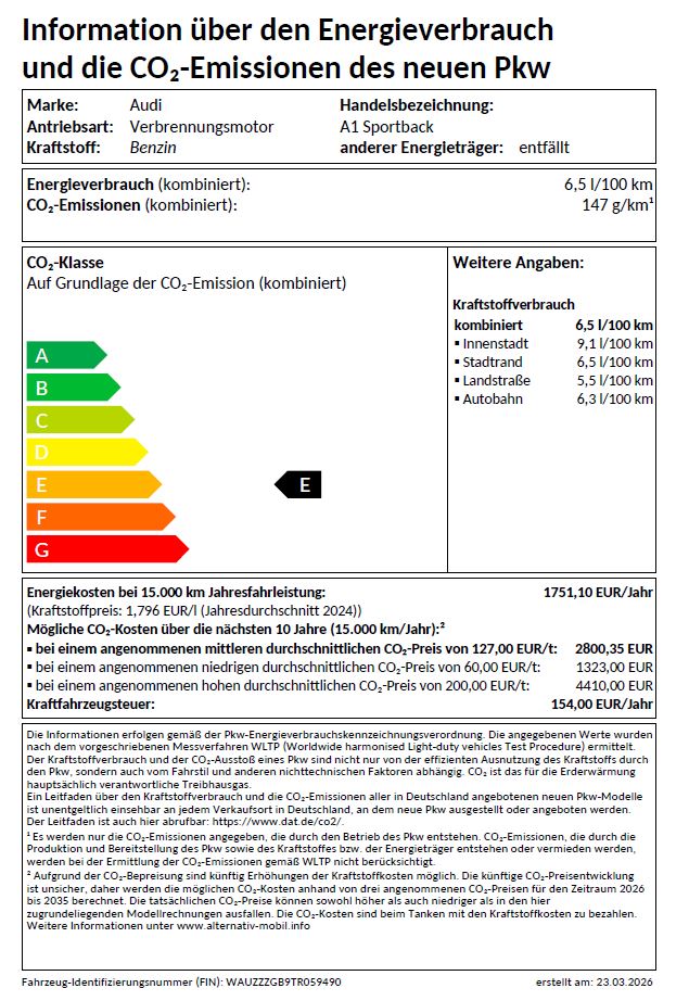 A1 Sportback S line 40 TFSI 152 kW S tronic UPE 44785 Einparkhilfe plus, Exterieur S line plus, Interieur S line